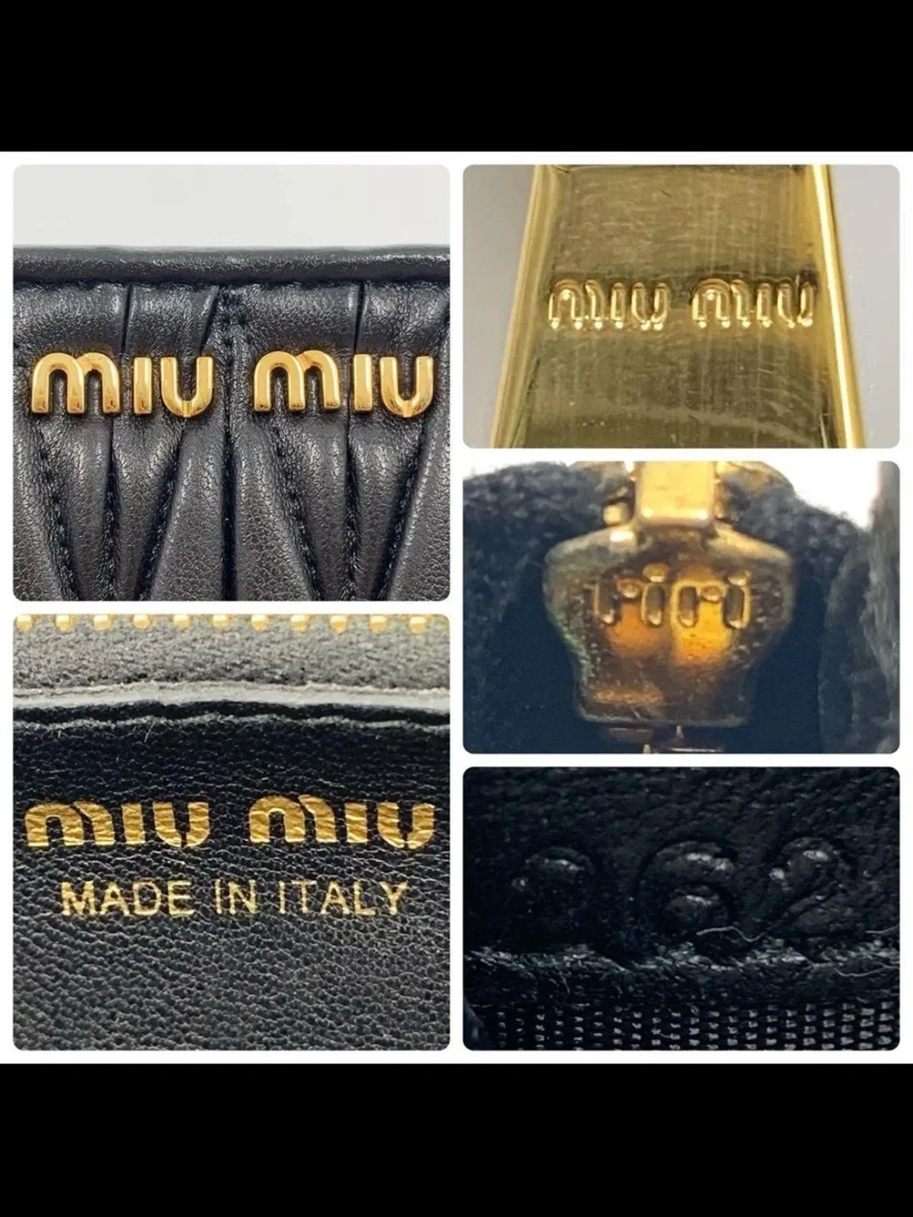 Miu Miu Black Quilted Matelassé Leather Zip Wallet with Gold Logo